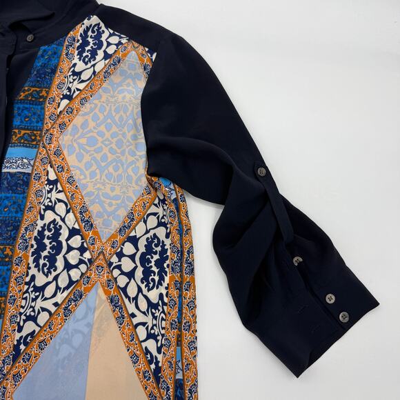 CLUB MONACO Silk Tunic Shirt Womens Size 2 Roll-Tab Sleeve Button Front Artsy - Picture 6 of 9